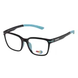 Armazón de lentes de receta MDQ modelo T45, con marco rectangular de color negro y detalles en color celeste en las patillas y el interior del frente.