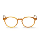 Lentes de lectura con armazón redondeado de acetato en color ámbar traslúcido.