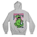 Canguro gris con capucha y bolsillo frontal tipo canguro. Presenta un pequeño estampado en el pecho con el personaje Reptar y caracteres japoneses, y un estampado grande en la espalda con el mismo diseño.