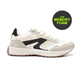 Championes deportivos American Sport modelo Abrus Men, color blanco con detalles en negro y beige. Presentan un diseño retro de running con suela gruesa blanca y detalles de goma color caramelo en la parte inferior. Tienen la inscripción "AS" en el lateral.