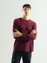 Remera de manga larga con cuello redondo, confeccionada en tejido de algodón tipo mini piqué. Presenta un diseño versátil con puños elásticos en las mangas, ideal para usar como prenda base o como buzo ligero.