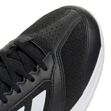 Championes deportivos Adidas Ligra 8 para deportes de cancha cubierta, color negro con las tres tiras características en blanco. Presentan una estructura de malla y cuero sintético con puntera reforzada, mediasuela amortiguada y suela de goma diseñada para superficies indoor.