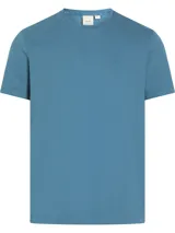 Remera celeste de algodón orgánico de transición, corte regular, cuello redondo y manga corta. Presenta el micrologo de Calvin Klein bordado en el pecho.