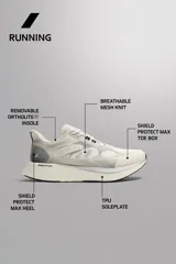 Zapatilla de running para asfalto con parte superior de tejido de punto transpirable y refuerzos Shield Protect Max en puntera y talón. Cuenta con suela de TPU con tecnología Bright Foam para absorción de impacto, estabilidad y rebote, ajuste por cordones y tirador posterior.