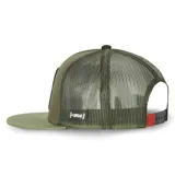 Gorra tipo trucker color verde oliva con malla trasera, visera plana y parche frontal bordado con el personaje Wile E. Coyote de Looney Tunes.