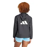 Campera deportiva Adidas Run It para mujer, color negro, con capucha y cierre frontal completo. Presenta logo de la marca en el pecho y detalles reflectantes en las mangas.