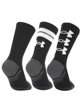 Pack de tres pares de medias deportivas Under Armour de caña media, color negro con detalles en blanco. Presentan diseño con amortiguación, paneles de malla para mayor transpirabilidad y soporte de arco integrado.