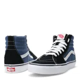 Championes Vans modelo SK8-Hi de caña alta, con diseño en combinación de colores azul marino y negro. Presentan la icónica franja lateral blanca, cordones blancos, puntera reforzada y suela de goma con patrón waffle.