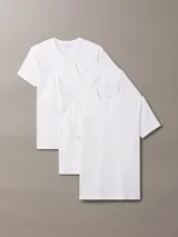 Pack de tres remeras blancas de algodón con poliéster y elastano, cuello en V y manga corta.