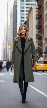 Tapado largo de paño en color verde oliva, con corte estructurado, solapas clásicas y cierre frontal con botones. Presenta un diseño minimalista y elegante, ideal para climas fríos.