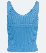 Blusa musculosa estilo cropped de Blue Steel, confeccionada en tejido de viscosa con textura acanalada. Presenta escote en V y tirantes medios elásticos.