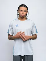 Remera deportiva Umbro de manga corta, color gris claro con paneles laterales y en las mangas en color azul. Presenta cuello redondo y logo de la marca estampado en el pecho.