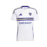 Camiseta de fútbol Adidas del Club Atlético Boca Juniors, modelo alternativo temporada 24/25. Diseño blanco con detalles en azul y amarillo. Incluye logo de Adidas, escudo del club y sponsor Betsson en el frente.