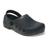 Zueco profesional Birkenstock modelo Birki Air 2.0, color negro, fabricado en poliuretano resistente con diseño ergonómico, suela antideslizante y correa trasera ajustable.