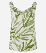 Musculosa femenina confeccionada en una mezcla de viscosa y lino, con estampado de follaje verde sobre fondo crudo. Presenta un cuello en V y breteles anchos con detalle fruncido, ofreciendo un calce regular y fluido.