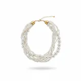 Collar de múltiples hilos de perlas de diferentes tamaños, con diseño torzado y terminales metálicos dorados. Incluye cadena de alargue y cierre de mosquetón.