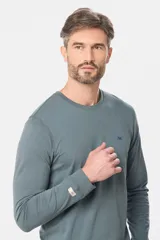 Remera manga larga lisa, color gris claro, con cuello redondo y logo bordado en el pecho.