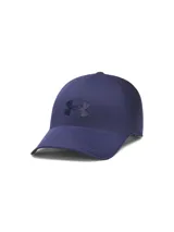 Gorro tipo gorra Under Armour modelo Stlthfrm Lw Uncrshbl, color azul oscuro, con diseño anatómico sin costuras, perforaciones láser para mayor transpirabilidad y logo de silicona en relieve en el frente.