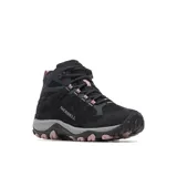 Botas de trekking impermeables Merrell modelo Accentor 4 Mid WP para mujer. Confeccionadas con parte superior de ante impermeable y malla, entresuela de espuma EVA y suela exterior de goma. Presentan diseño en color negro con detalles en rosado y gris.