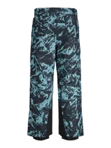 Pantalón técnico de ski impermeable y cortaviento, con diseño estampado de montañas en tonos azul y negro. Cuenta con cierre frontal, bolsillos laterales con cremallera, refuerzos en la parte inferior y polainas internas para protección contra la nieve.