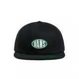 Gorra negra de Vans con logo ovalado bordado en verde y blanco en el frente.