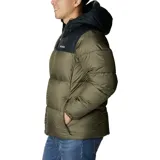 Campera puffer con capucha, diseño bicolor en verde oliva y negro. Cuenta con cierre frontal completo, protector de mentón, bolsillos laterales con cierre y puños elásticos. Incorpora tecnología de aislamiento Thermarator y tejido deperlante al agua.