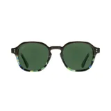 Lentes de sol con montura redonda negra y detalles estampados en azul, verde y amarillo.