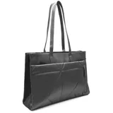Bolso negro tipo tote bag con diseño geométrico acolchado en el frente y cierre superior. Tiene doble asa de hombro y correa bandolera extraíble.