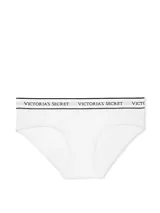 Bombacha tipo hiphugger de algodón color blanco, con cintura elástica visible con el texto "Victoria's Secret" estampado en contraste.