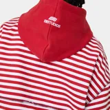 Campera con capucha de felpa de algodón, con diseño a rayas horizontales rojas y blancas, cierre frontal con cremallera bidireccional y bolsillos tipo canguro. Presenta grandes letras bordadas con el texto "EMESTUDIOS Madrid, 5135" en el pecho.
