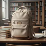 Mochila de diseño minimalista en color beige, con compartimento principal amplio, bolsillo frontal con cierre y parche decorativo de capibara. Cuenta con asa superior reforzada y correas ajustables.