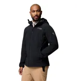Campera técnica Columbia Titanium con capucha, diseñada para actividades al aire libre. Presenta cierre frontal completo, bolsillos con cremallera en pecho y laterales, y tecnología Omni-Heat para aislamiento térmico y Omni-Shield para repelencia a líquidos y manchas.