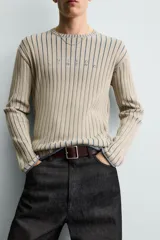 Jersey slim fit de punto de algodón, color beige con rayas verticales azules. Presenta cuello redondo, manga larga y texto frontal estampado con efecto lavado.