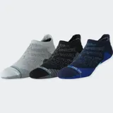 Pack de tres pares de medias deportivas tipo tobilleras (tab) con tecnología Feel360™ e Infiknit™. Incluye un par gris claro jaspeado, un par negro jaspeado y un par azul marino con detalles en azul claro.