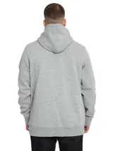 Buzo canguro gris melange con capucha y cordones de ajuste negros. Cuenta con bolsillo frontal tipo canguro y el logotipo de Caterpillar bordado en el pecho en color negro.