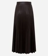Falda midi marrón de cuero sintético con cintura sastre y textura plisada.