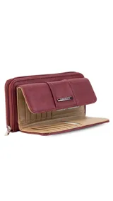 Billetera larga marca Lincoln's, color bordó con interior beige. Presenta un diseño con solapa frontal, múltiples compartimentos para tarjetas, visor y monedero con cierre.