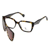 Lentes con sistema clip-on T. Calandra modelo Hilary, con armazón de carey en tonos marrones y negros, y formato cuadrado.