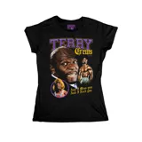 Remera negra de corte entallado con estampado gráfico estilo bootleg de Terry Crews. Presenta múltiples imágenes del actor, incluyendo una caracterización como He-Man, junto con la frase 'And I miss you, and I need you'.