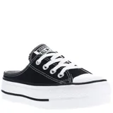 Zuecos Converse Mule Lift color negro, con plataforma blanca y cordones blancos. Presentan el logo de Converse All Star en la lengüeta y la puntera reforzada de goma blanca.
