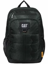Mochila urbana Caterpillar modelo Bennett, color negro con estampado geométrico sutil. Cuenta con compartimento principal con cierre, bolsillo frontal con cierre, bolsillo lateral de red y logo de la marca en el frente.