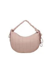 Bandolera Trendy de diseño semicircular acolchado, color beige, con correa ajustable fruncida y llavero colgante de osito de peluche.