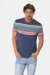 Remera de manga corta con cuello redondo y diseño rayado multicolor en tonos azules, beige, verde y rosado, con pequeño logo bordado en el pecho.