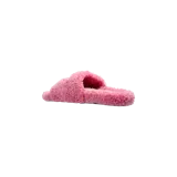 Sandalias planas Balenciaga de pelo sintético color rosado, con tira ancha superior y detalle de logo bordado con strass.