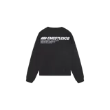 Buzo negro de cuello redondo oversize, con estampado gráfico en blanco en la espalda de la marca Eme Studios.