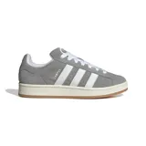 Championes Adidas Campus 00s unisex, color gris con las tres tiras laterales blancas, capellada de gamuza, forro de felpa y suela de goma color caramelo.