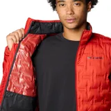 Campera técnica de plumón Columbia, color rojo, con tecnología Omni-Heat termorreflectante y construcción HeatSeal sin costuras. Cuenta con cierre frontal completo, cuello alto con protección para la barbilla, bolsillos laterales con cierre y puños ribeteados.