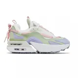 Championes Nike Air Max Furiosa de diseño audaz y moderno. Presentan una combinación de colores pastel que incluye blanco, verde menta, lila y detalles en rosado. Cuentan con una suela de plataforma dividida con unidades Air Max visibles, cordones decorativos con un lazo en el talón y una estética urbana y vanguardista.