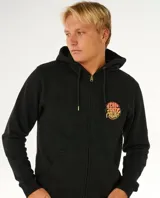 Canguro de abrigo negro con cierre frontal completo y capucha con cordón ajustable. Presenta bolsillos tipo canguro y un pequeño logo estampado circular en el pecho en tonos degradados de rojo y amarillo.