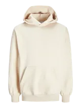 Hoodie color crema de manga larga con capucha, bolsillo canguro y calce holgado. Confeccionado con tejido de algodón y poliéster reciclado.
